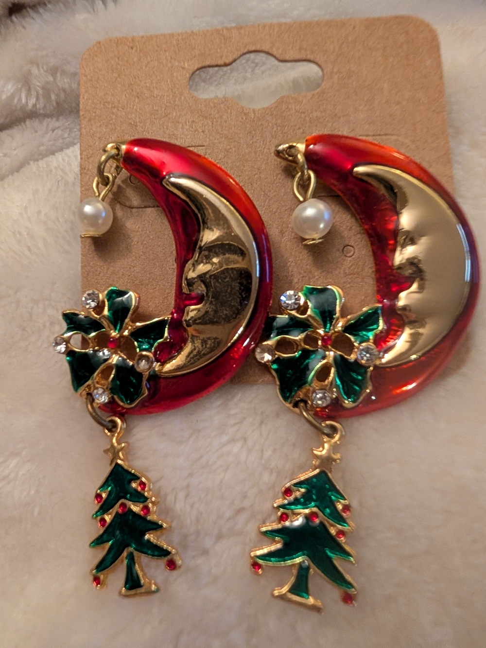 Rare Vintage Don-Lin Signed Enamel Christmas Moon Dangle Earrings 1980s